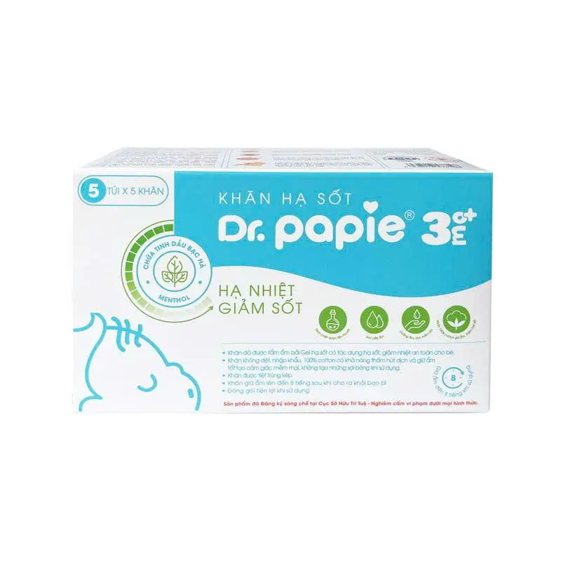 Khăn Lau Hạ Sốt Dr.Papie 3M+ (Hộp 5 túi x 5 miếng)