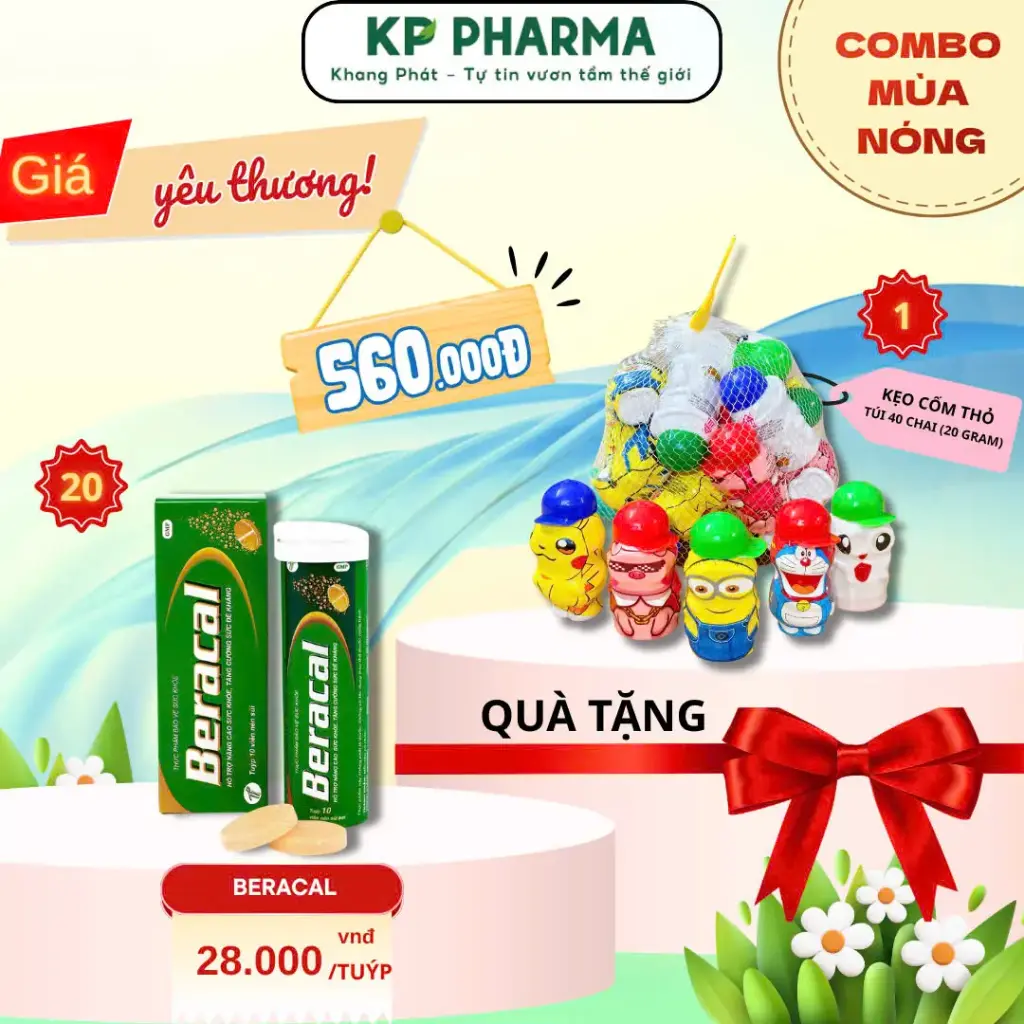 COMBO MÙA NÓNG - 20 TUÝP BERACAL + 1 TÚI KẸO C PANDA NÓN (TÚI 25 CHAI 20G)