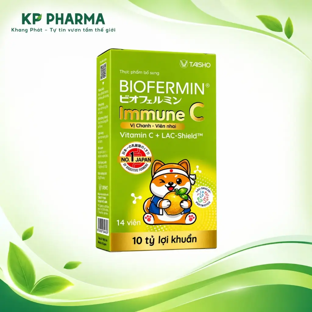 BIOFERMIN IMMUNE C VIÊN NHAI VỊ CHANH - VITAMINC + LỢI KHUẨN LAC-Shield  (HỘP 14 VIÊN) - DHG