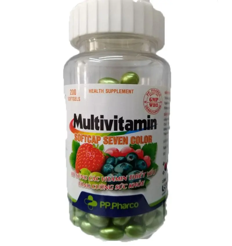 MULTIVITAMIN SOFTCAP SEVEN COLOR (vàng) 1,50mg - 1,25mg - 1,25mg - 1,25mg - 1,25mg - 1,25mg - 1,50mg DƯỢC PHẨM PHONG PHÚ (Chai 200 viên)	